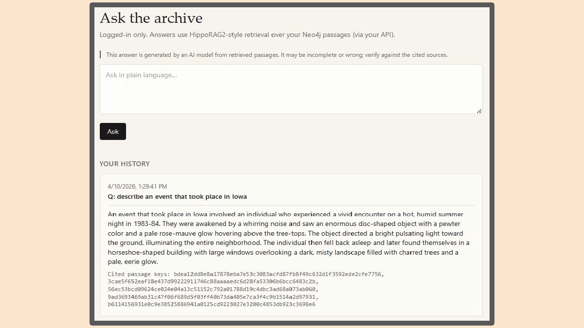 Ask the archive interface showing a recorded answer about a 1983 Iowa encounter, with cited passage keys underneath.