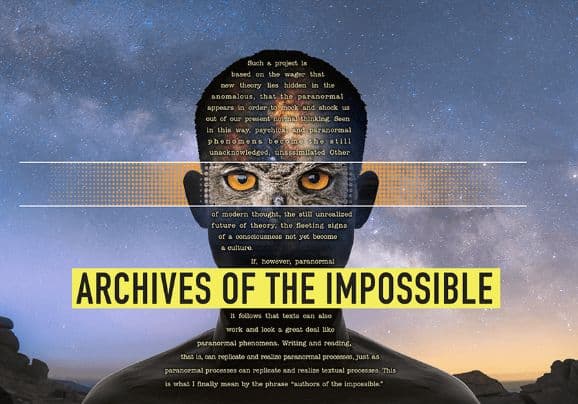 Archives of the Impossible poster: a star field, a figure whose eyes are owl eyes, and a yellow title bar.